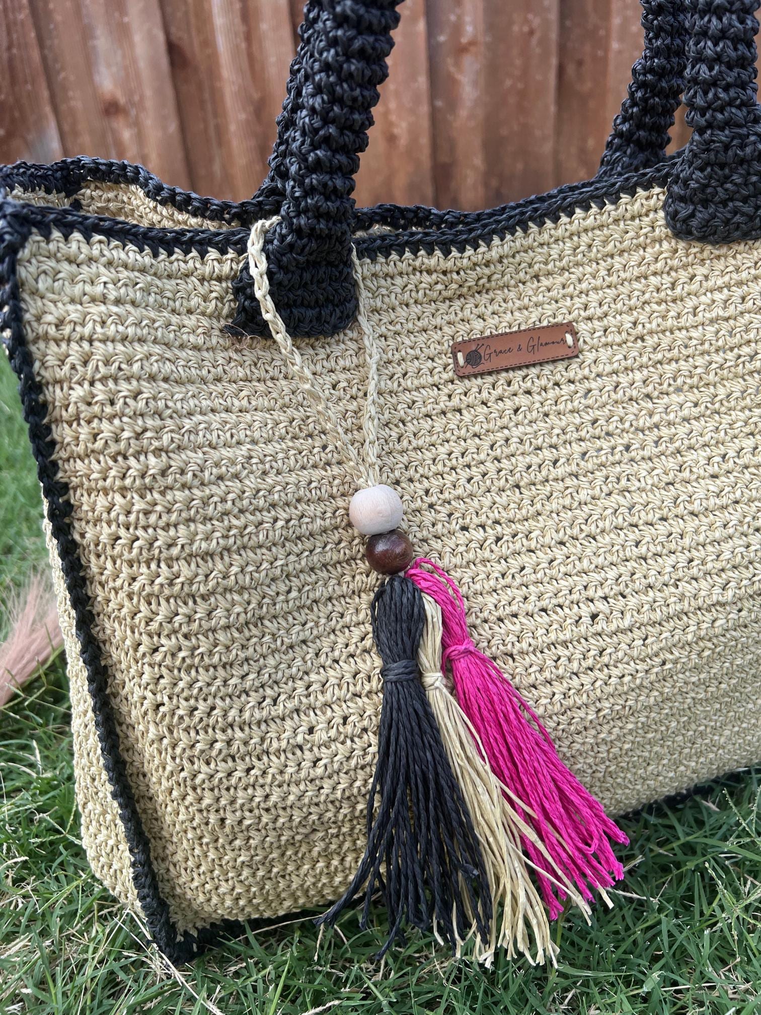 Natural Black Handmade Knitted Raffia Bag Black Straw Bag Large Tote Bag Women bag, Artisan Made handbag, Natural Straw bag, Birthday Gift