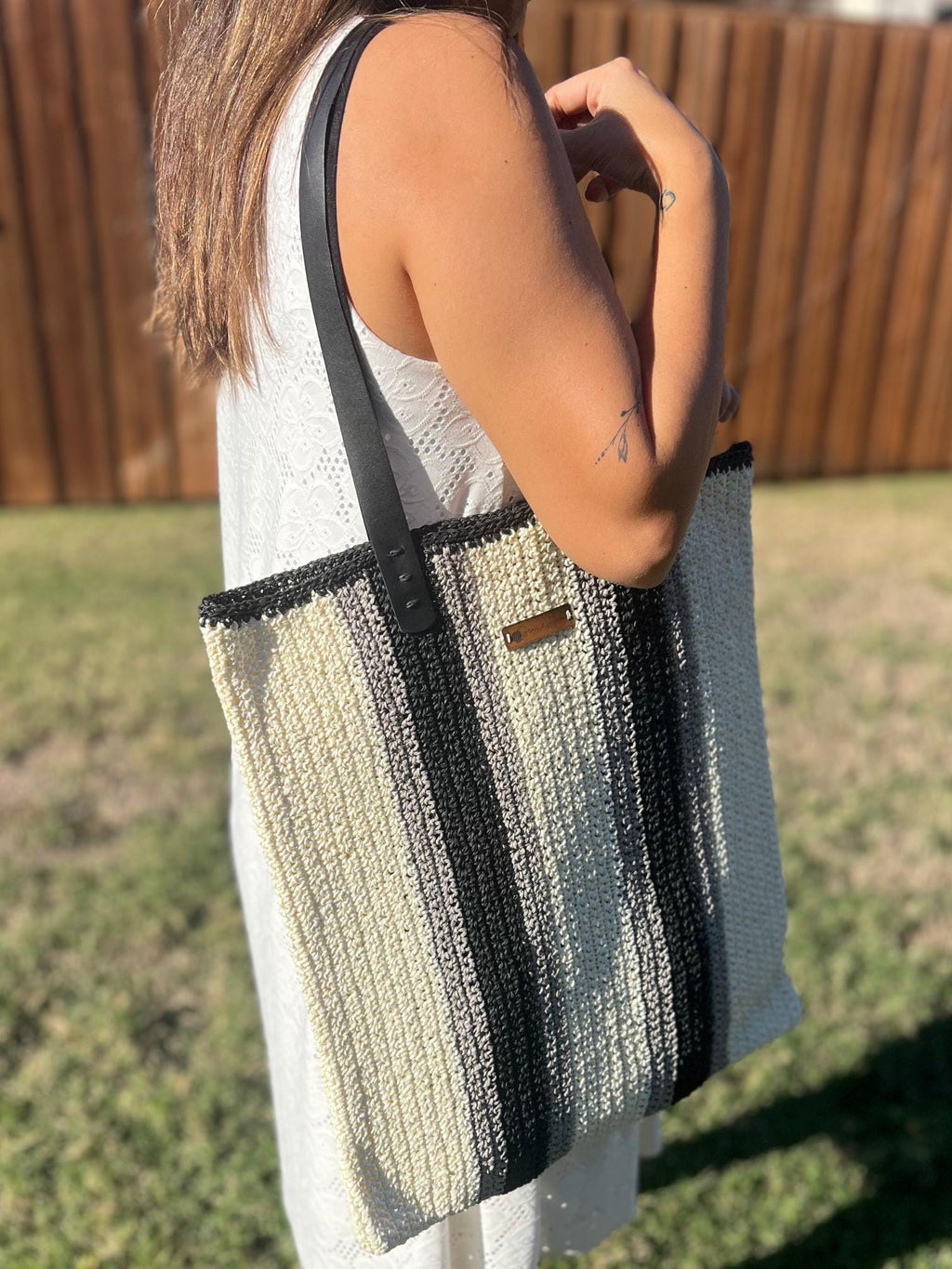 Black and Cream Striped Bag,Handmade Knitted Raffia Bag, Large Tote Bag,Leather Handle Bag, Shoulder Bag,Natural Straw bag, Christmas Gift