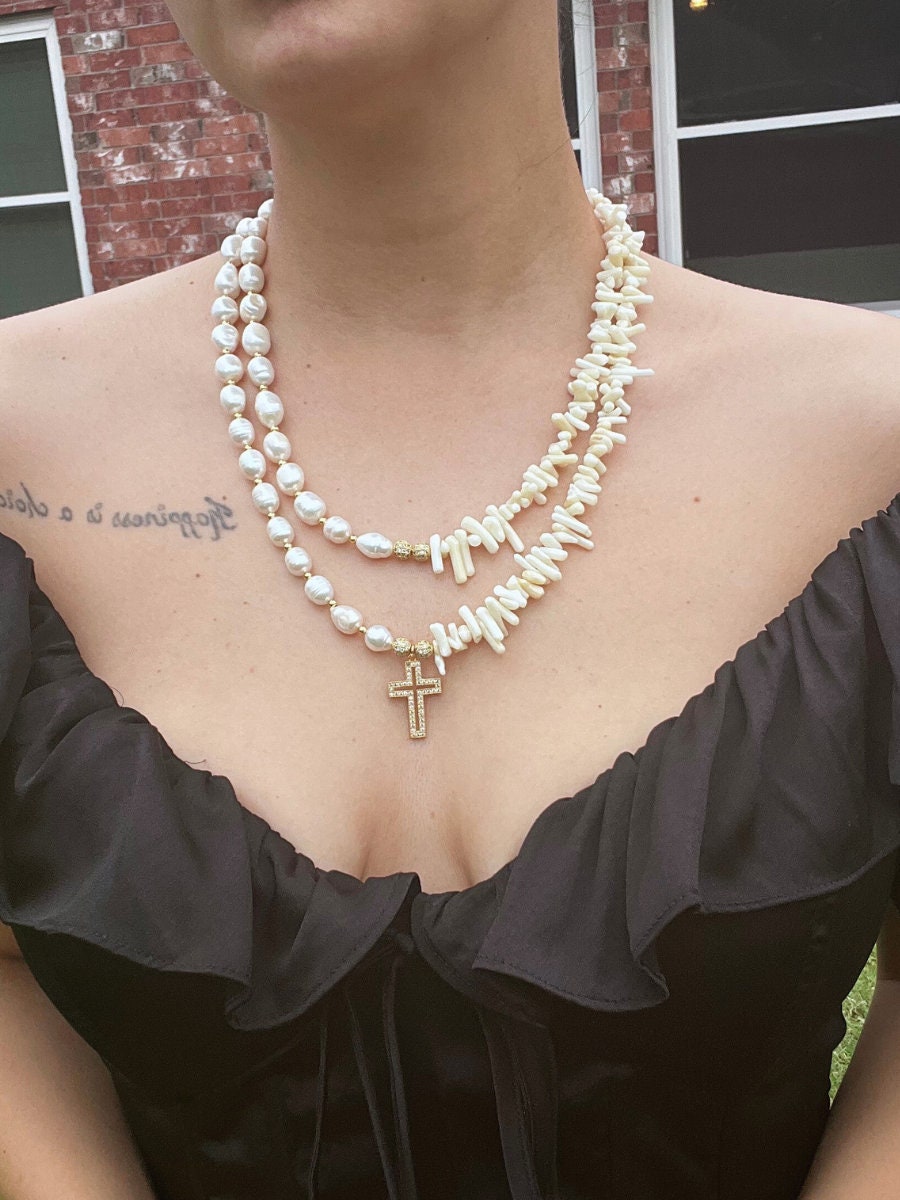 Pearl Necklace Multi Strand , Handmade Natural Stone Necklace , Cross Charm , White Gold Necklace , Unique Birthday Gift , Christmas Gift