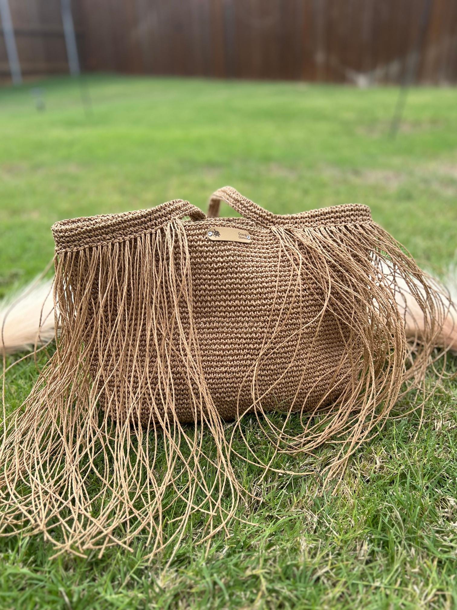 Free Shipping, Knitted Raffia Bag , Shoulder Bag , Women Bag , Fringe Bag , Summer Bag , Straw Bag, Boho Style , Hand Knitted , Gift for Her