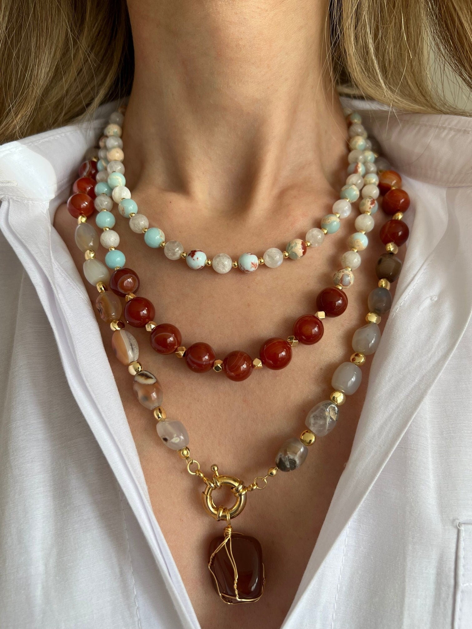 Multi-Strand Necklace Handcrafted Gemstone Necklace Unique Agate Showcat Variscite Red Pendant Unique Birthday Gift for Her ,Christmas Gift