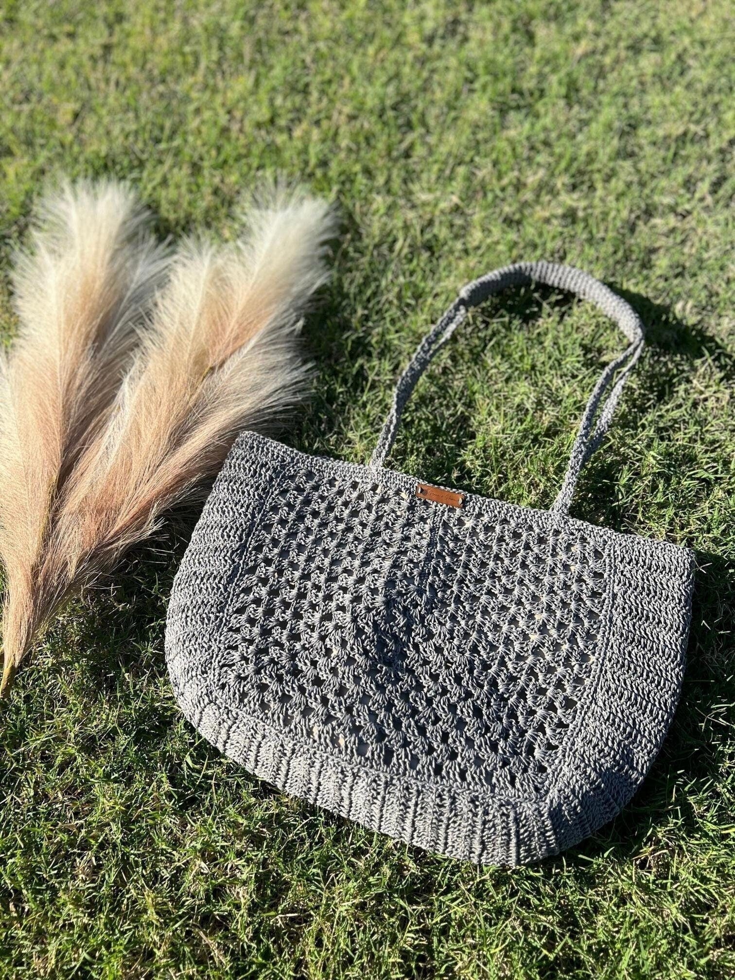 Gray Handmade Knitted Raffia Bag with inter-lining , Large Tote Bag , Charity, Artisan Made handbag, Natural Straw bag, Christmas Gift