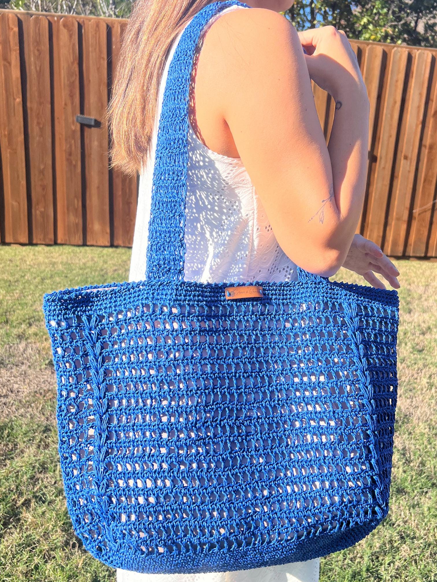Blue Knitted Women Bag , Handmade Tote Bag , Charity, Artisan Design Bag , Natural Straw Bag ,  Christmas Gift , Shoulder Bag , Everyday Use