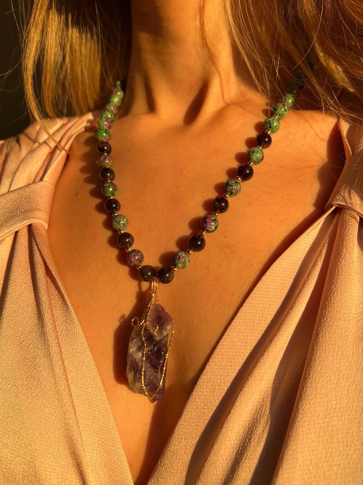 Women Jewelry . Handmade Gemstone Necklace . Amethyst Pendant . Anyolite Agate . Crystal Necklace . Unique Special Christmas Gift for Her