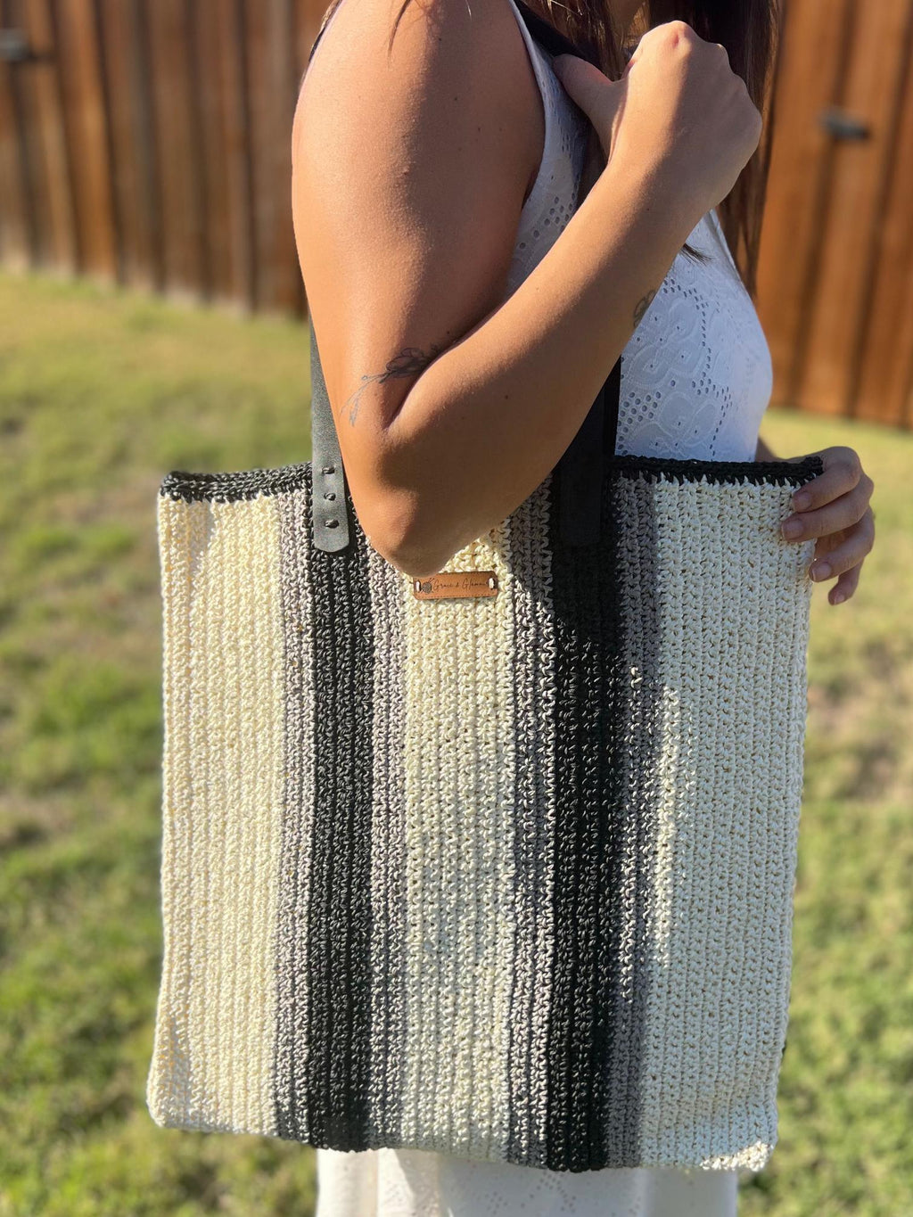 Black and Cream Striped Bag,Handmade Knitted Raffia Bag, Large Tote Bag,Leather Handle Bag, Shoulder Bag,Natural Straw bag, Christmas Gift