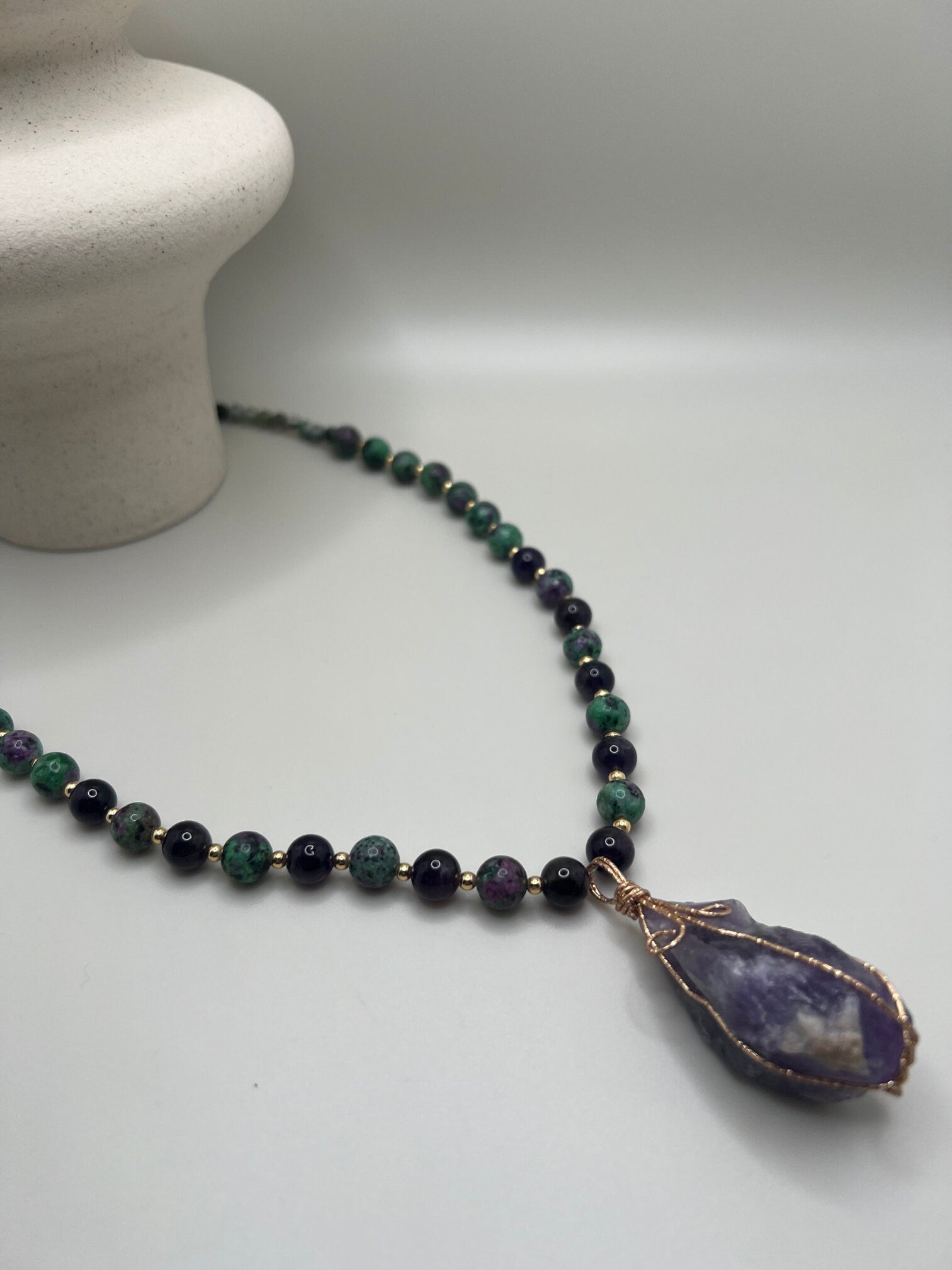 Women Jewelry . Handmade Gemstone Necklace . Amethyst Pendant . Anyolite Agate . Crystal Necklace . Unique Special Christmas Gift for Her
