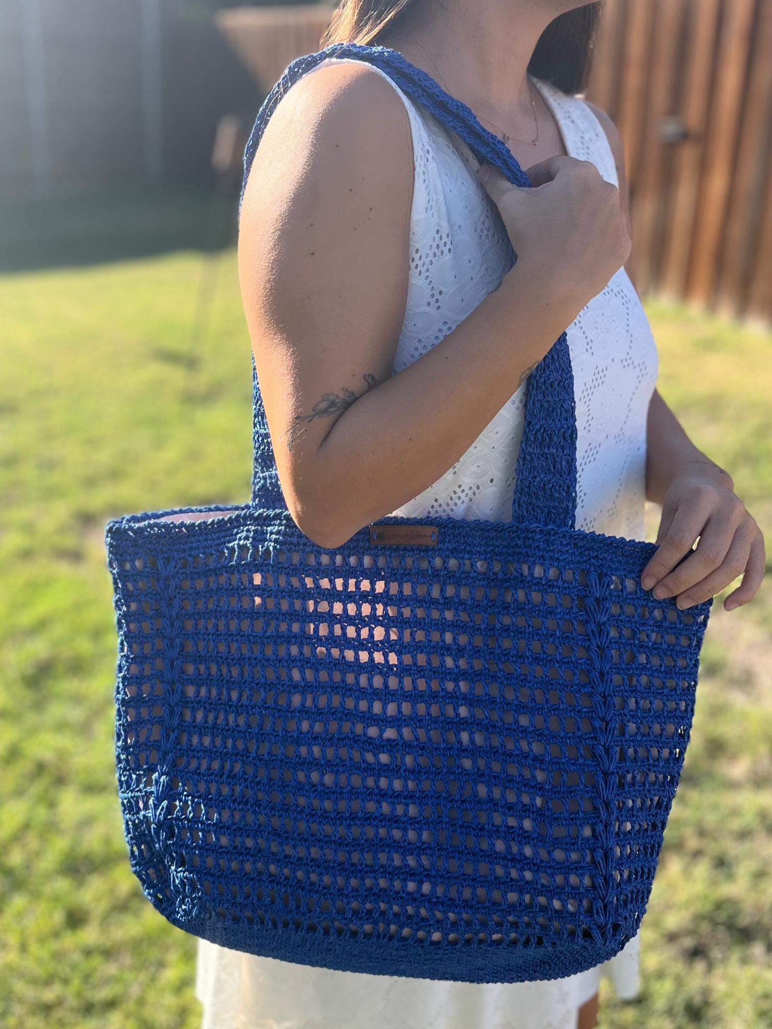 Blue Knitted Women Bag , Handmade Tote Bag , Charity, Artisan Design Bag , Natural Straw Bag ,  Christmas Gift , Shoulder Bag , Everyday Use