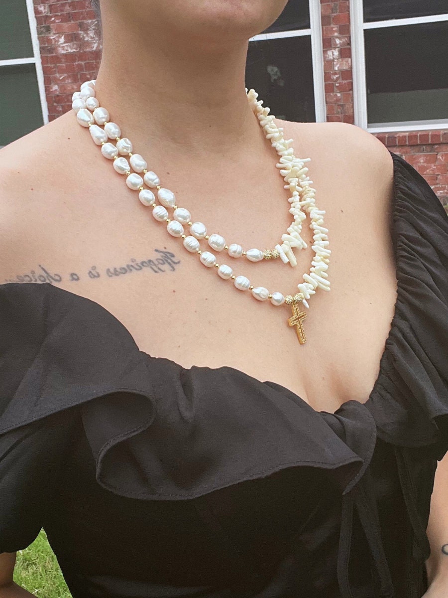 Pearl Necklace Multi Strand , Handmade Natural Stone Necklace , Cross Charm , White Gold Necklace , Unique Birthday Gift , Christmas Gift