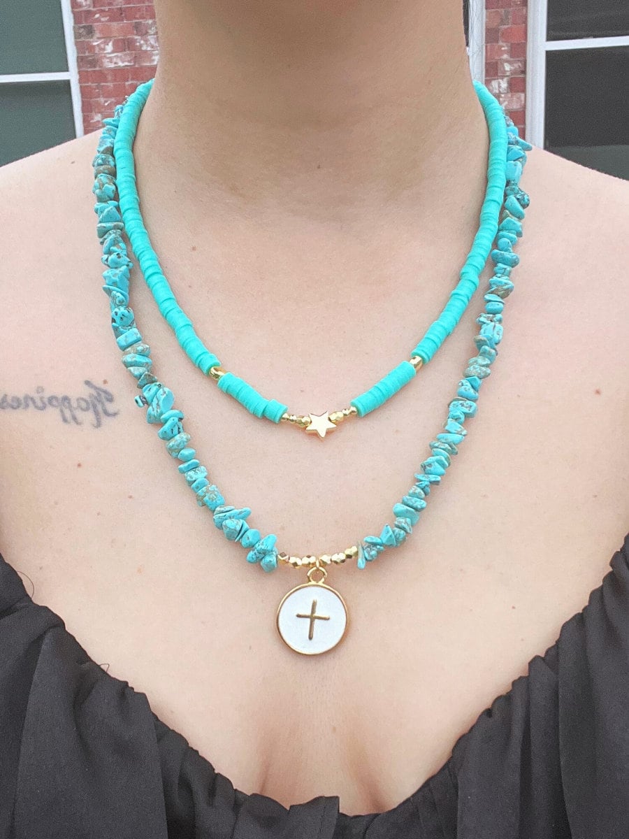 Turquoise Necklace , Women Jewelry , Multi-strand Handmade Necklace , Natural Stone , Cross Charm , Blue Necklace , Unique Christmas Gift