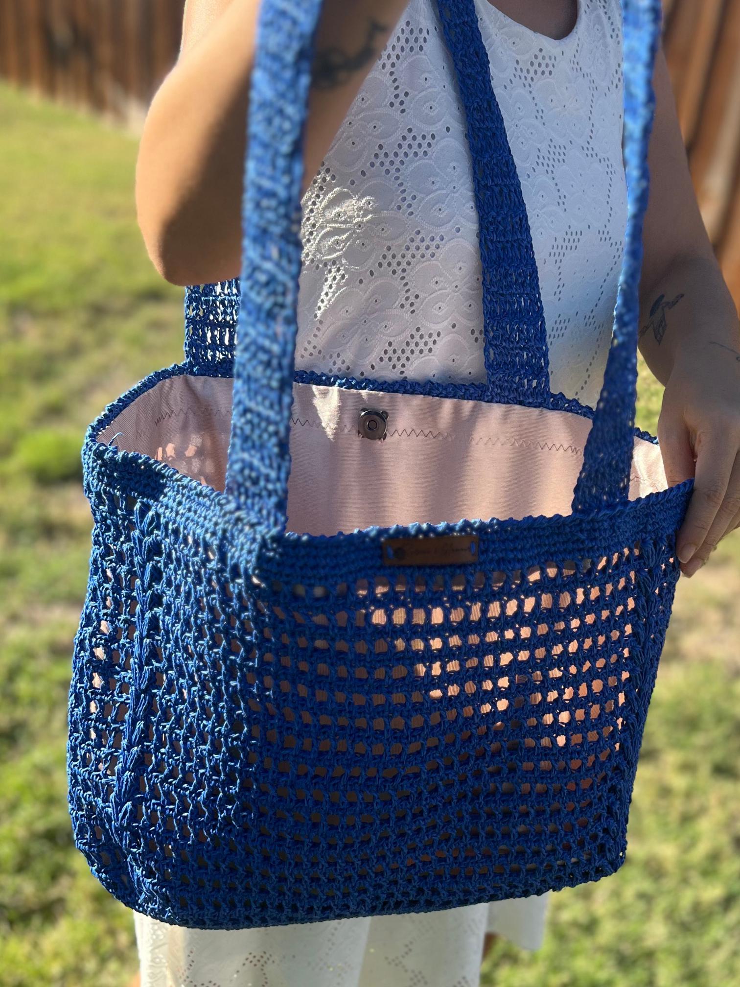 Blue Knitted Women Bag , Handmade Tote Bag , Charity, Artisan Design Bag , Natural Straw Bag ,  Christmas Gift , Shoulder Bag , Everyday Use