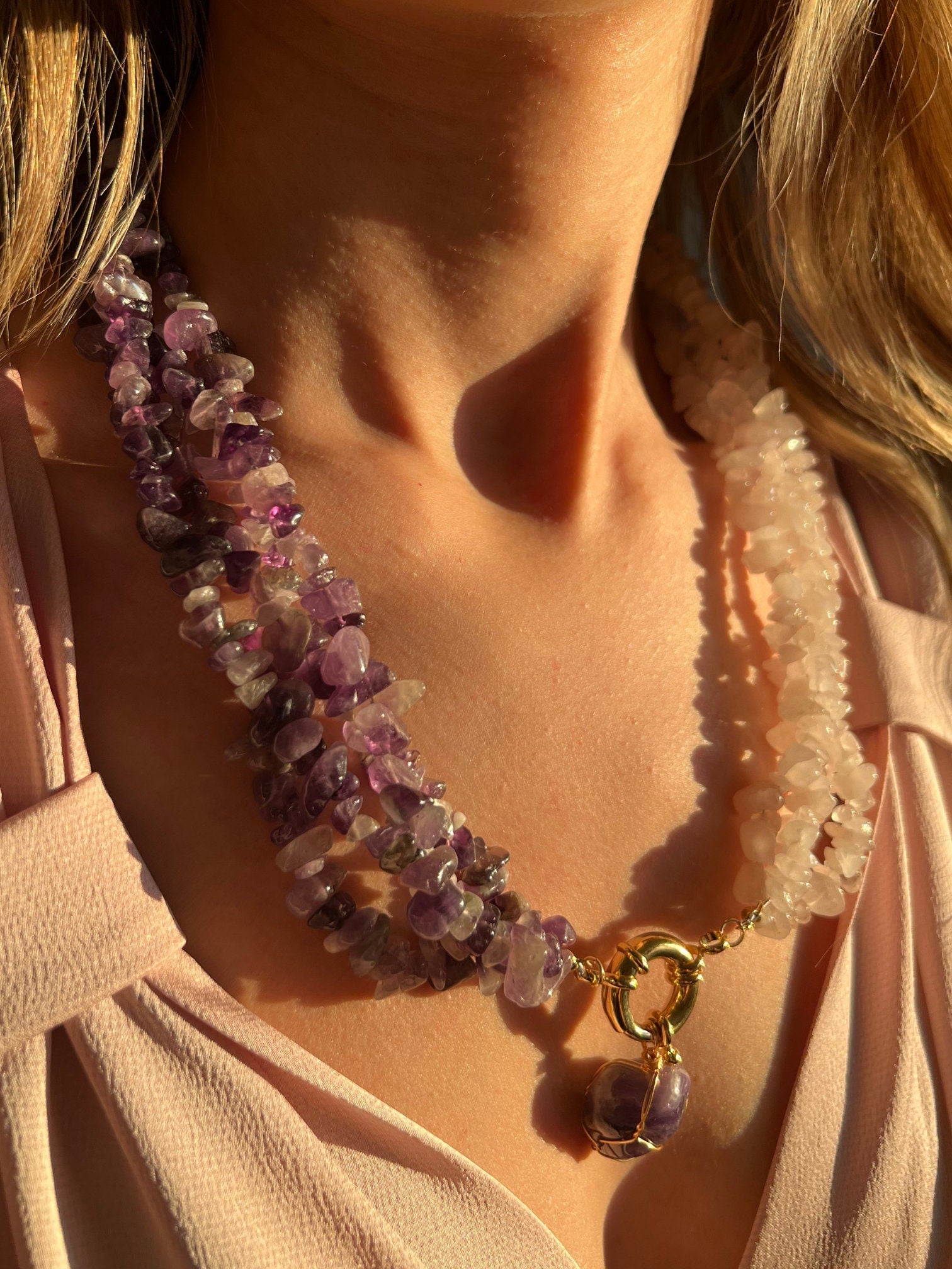 Women Jewelry , Handmade Gemstone Necklace , Amethyst and Rose Quartz Stones , Multi-strand Necklace ,Unique Birthday Gift , Christmas Gift
