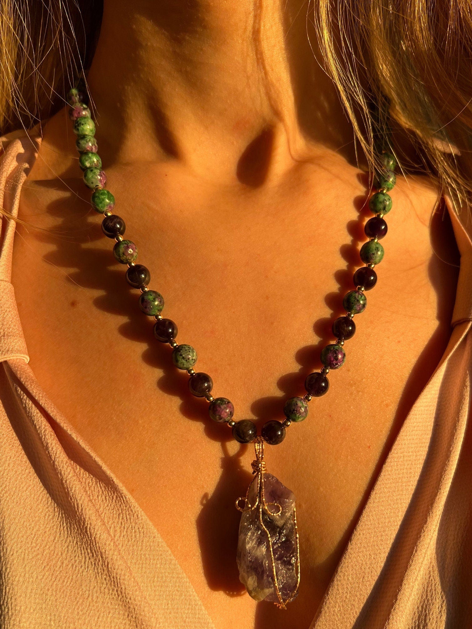 Women Jewelry . Handmade Gemstone Necklace . Amethyst Pendant . Anyolite Agate . Crystal Necklace . Unique Special Christmas Gift for Her