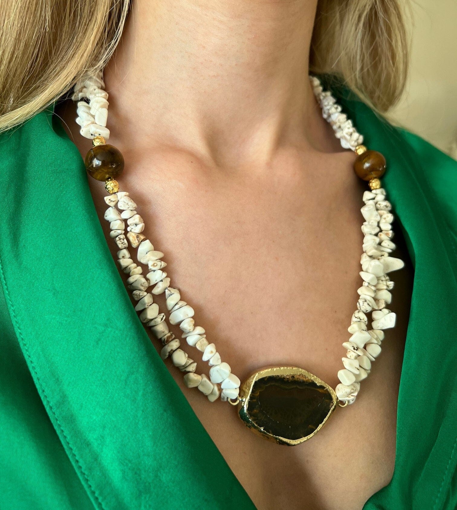 Women Jewelry , Handmade Gemstone Necklace , Multistrand Necklace , Howlite ,  Tigers Eye , Gift for Her , Christmas Gift