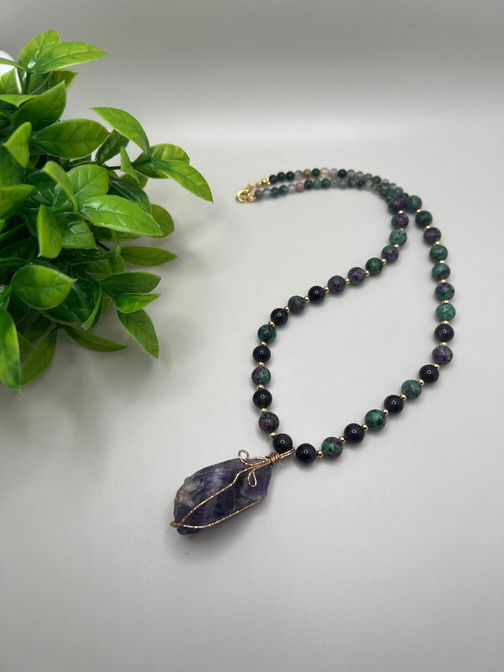 Women Jewelry . Handmade Gemstone Necklace . Amethyst Pendant . Anyolite Agate . Crystal Necklace . Unique Special Christmas Gift for Her