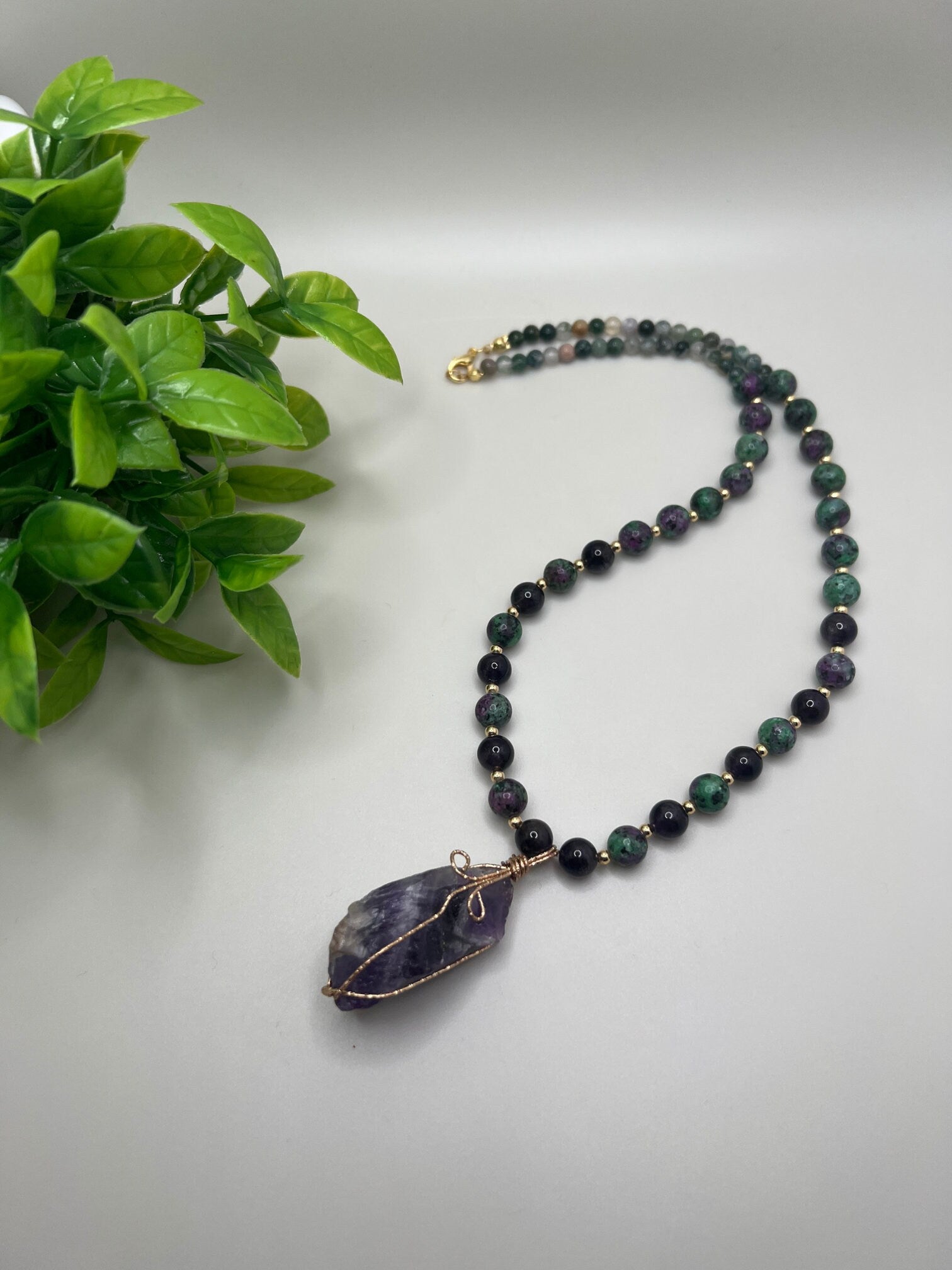 Women Jewelry . Handmade Gemstone Necklace . Amethyst Pendant . Anyolite Agate . Crystal Necklace . Unique Special Christmas Gift for Her