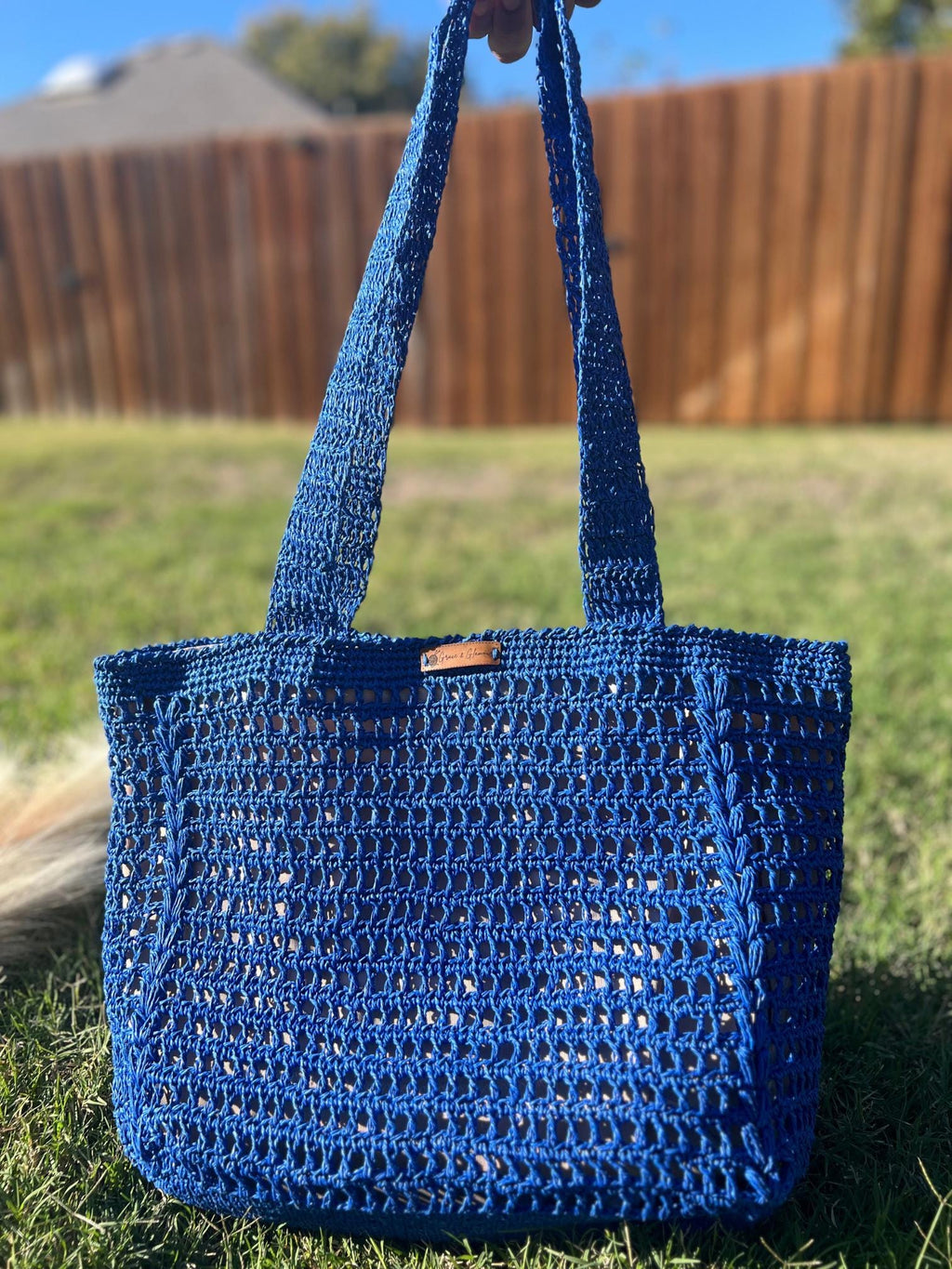 Blue Knitted Women Bag , Handmade Tote Bag , Charity, Artisan Design Bag , Natural Straw Bag ,  Christmas Gift , Shoulder Bag , Everyday Use