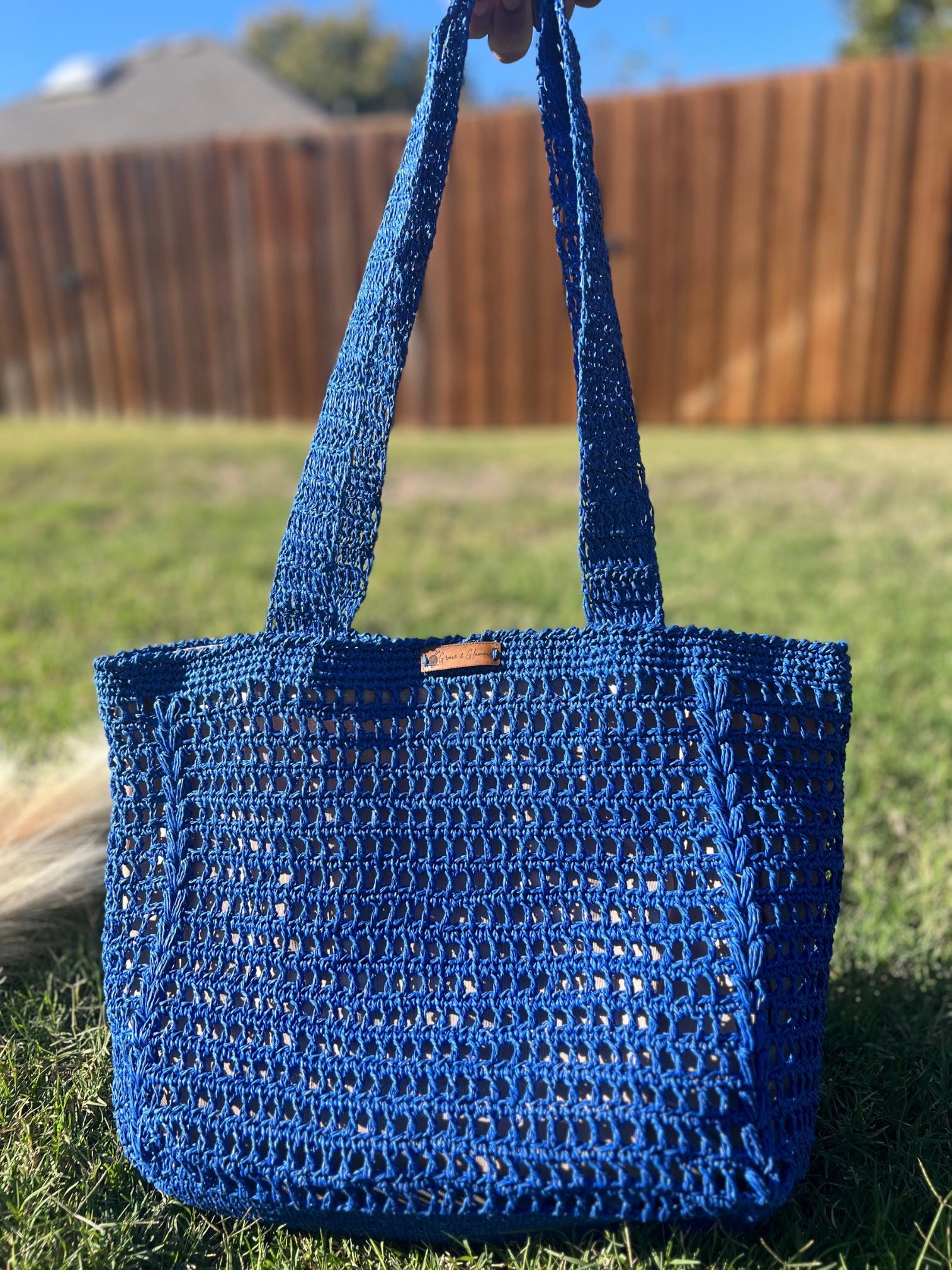 Blue Knitted Women Bag , Handmade Tote Bag , Charity, Artisan Design Bag , Natural Straw Bag ,  Christmas Gift , Shoulder Bag , Everyday Use